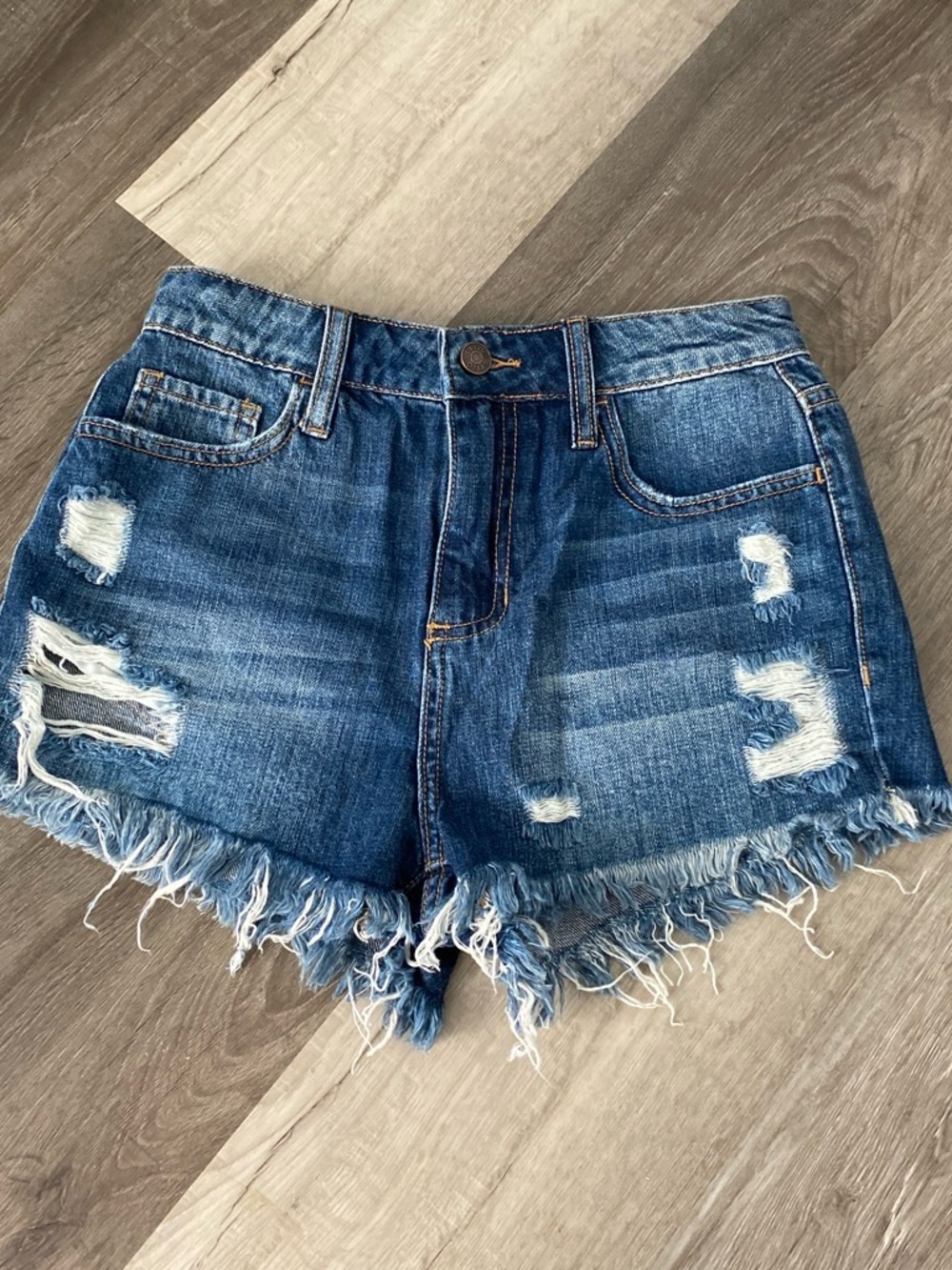 Cello Distressed Dark Blue Denim Shorts with Frayed Hem